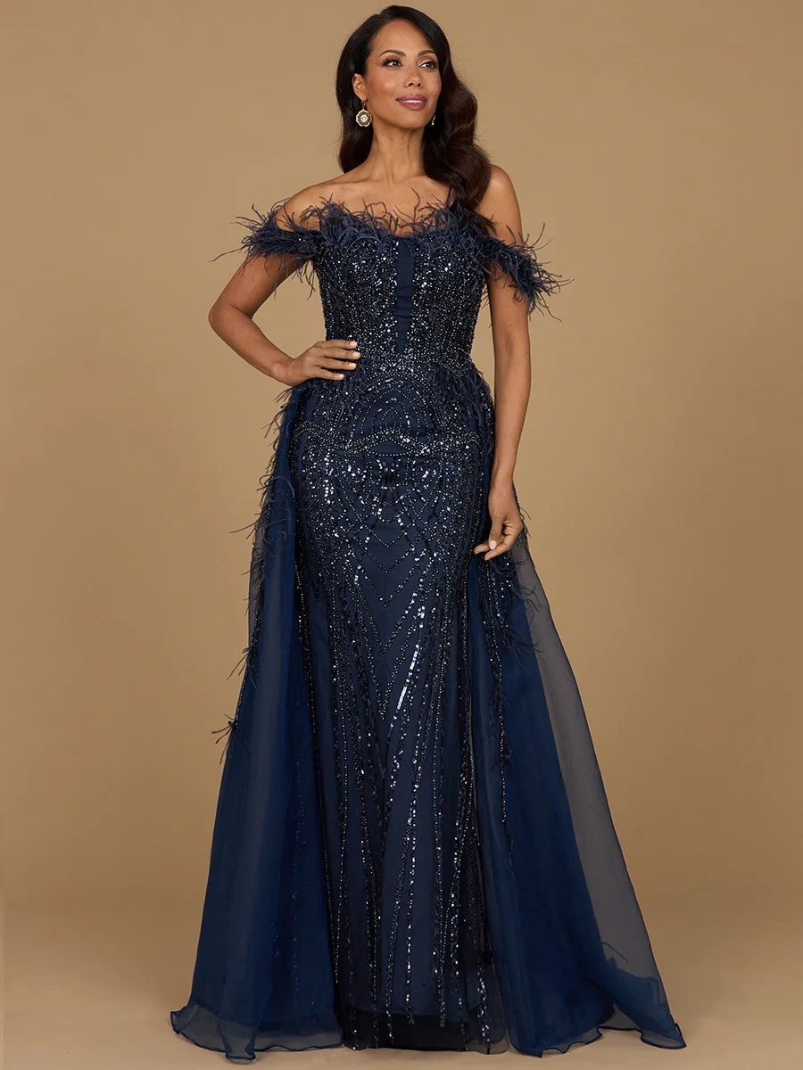Off Shoulder Gown with Feathers by Lara New York — style 29161 in Navy