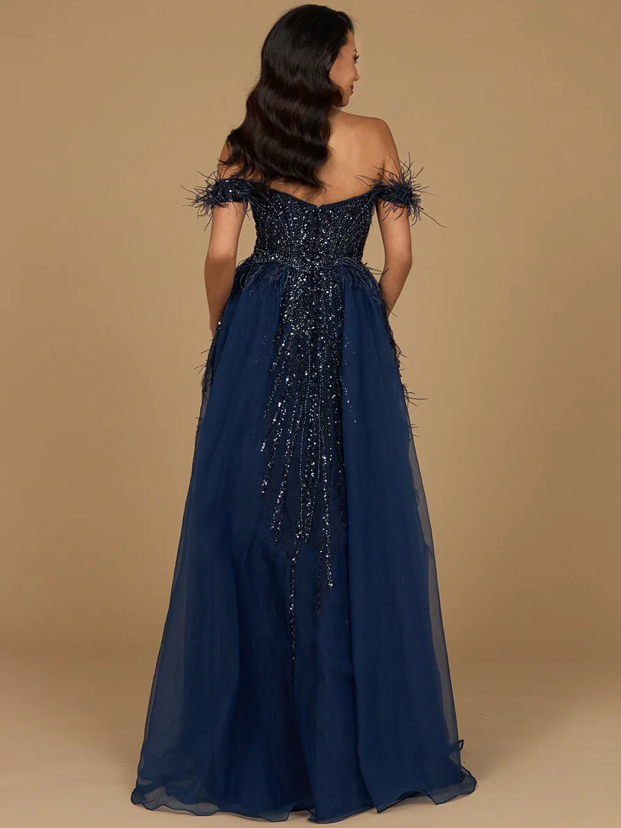 Off Shoulder Gown with Feathers by Lara New York — style 29161