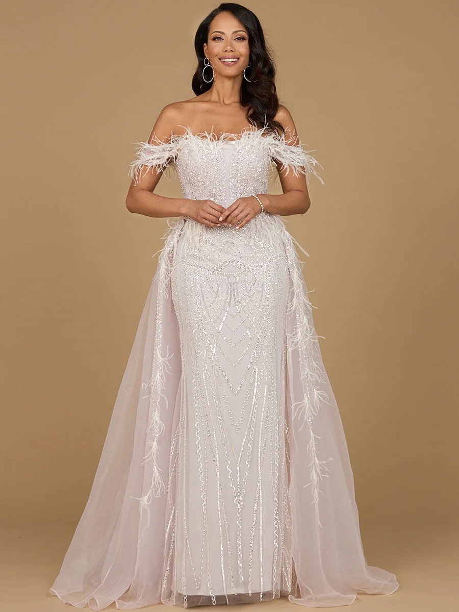 Off Shoulder Gown with Feathers by Lara New York — style 29161 in Powder Pink