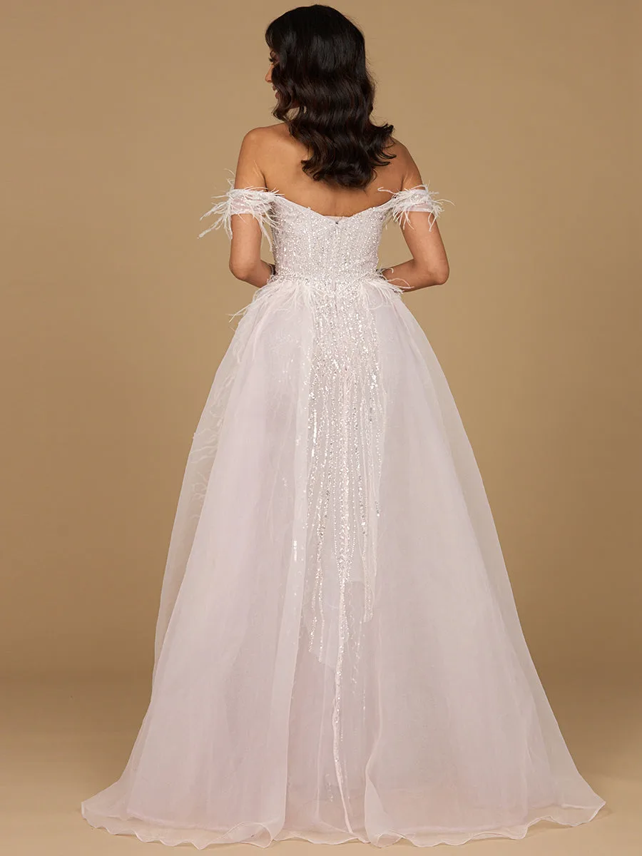 Off Shoulder Gown with Feathers by Lara New York — style 29161