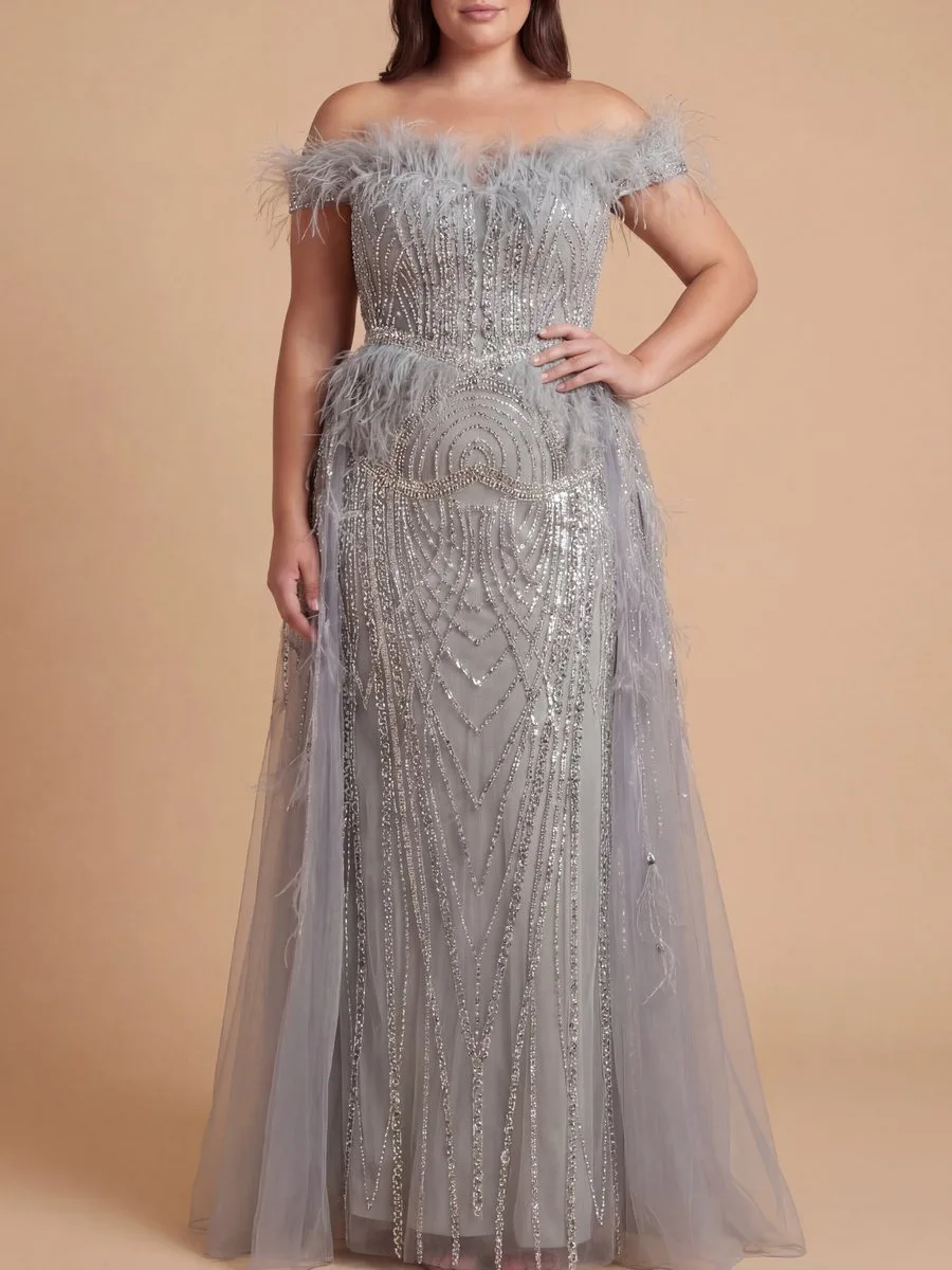 Off Shoulder Gown with Feathers by Lara New York — style 29161 in Slate
