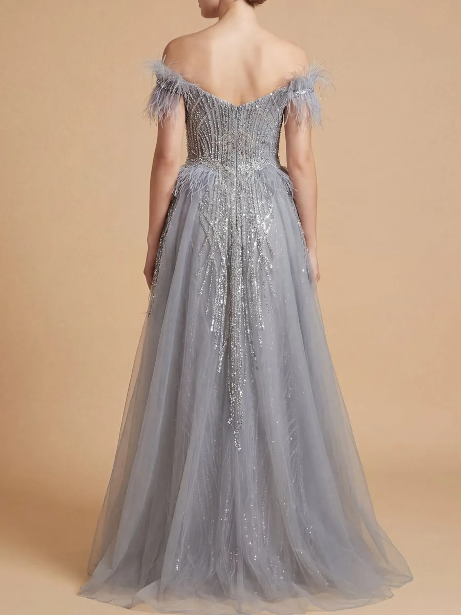 Off Shoulder Gown with Feathers by Lara New York — style 29161