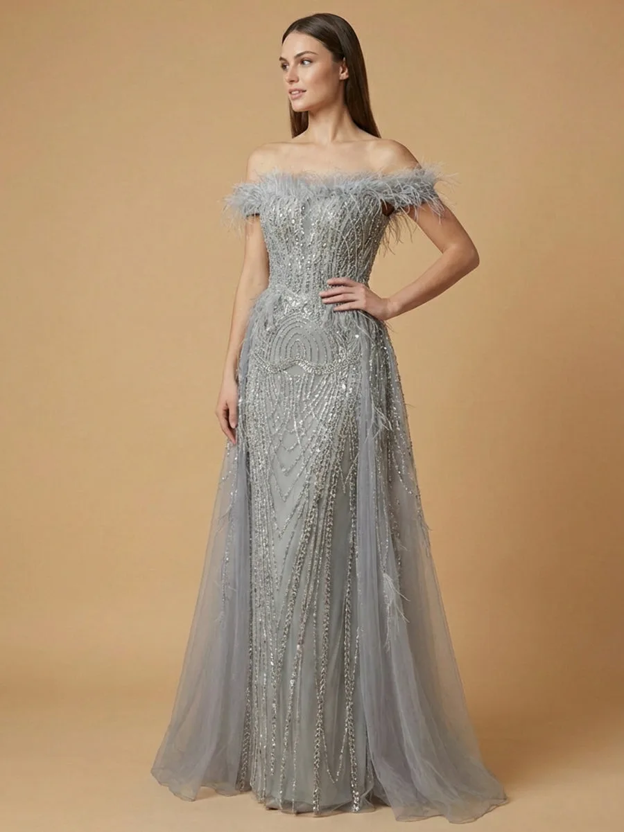 Off Shoulder Gown with Feathers by Lara New York — style 29161