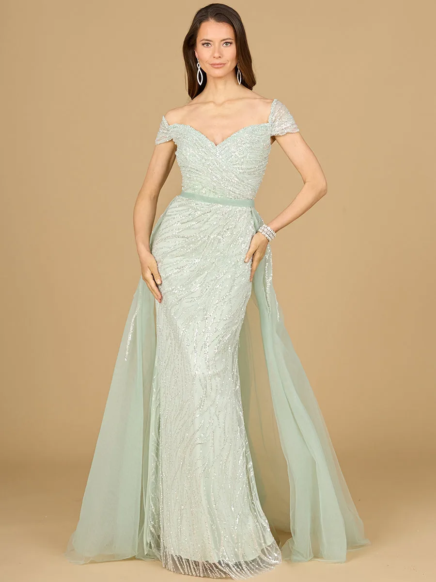 Classic Off Shoulder Overskirt Gown by Lara New York — style 29162 in Dusty Sage