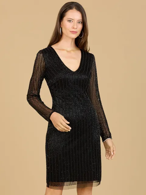 Classic V-Neck Beaded Long Sleeve Cocktail Dress