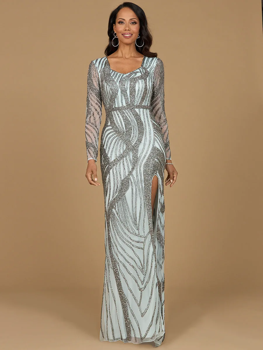 Cascading Beads Long Sleeve Dress by Lara New York — style 29165 in Blue Mercury