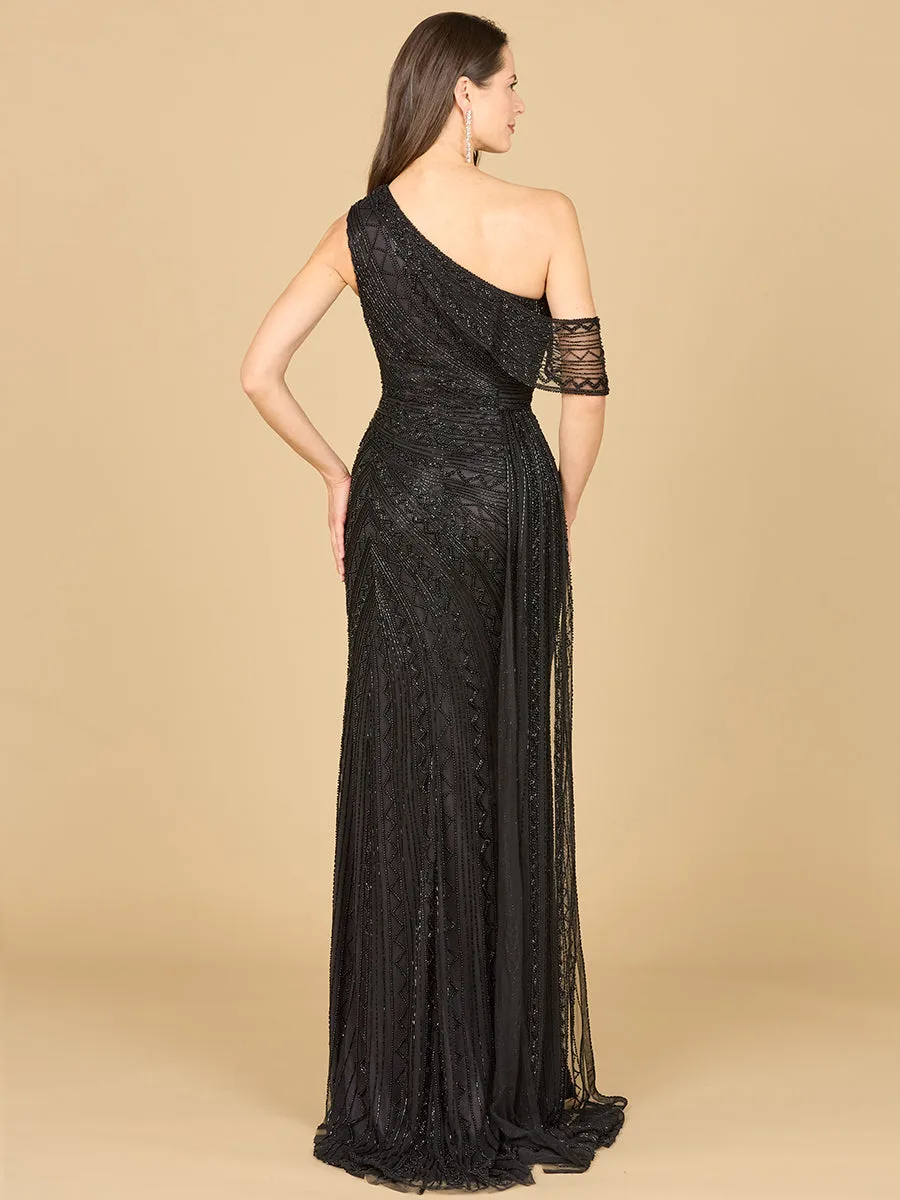 Beaded One Shoulder Dress with Train by Lara New York — style 29168