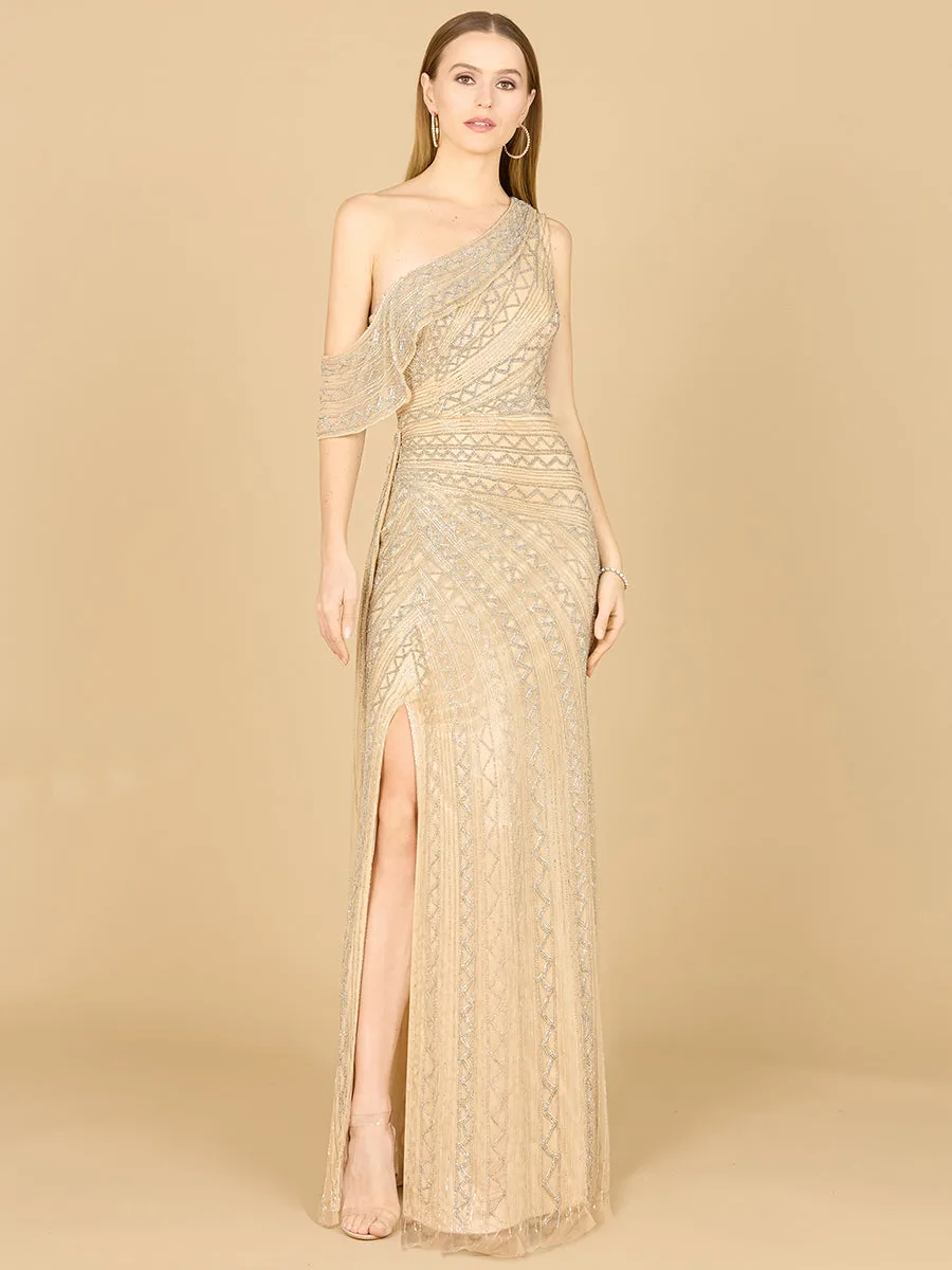 Beaded One Shoulder Dress with Train by Lara New York — style 29168 in Nude