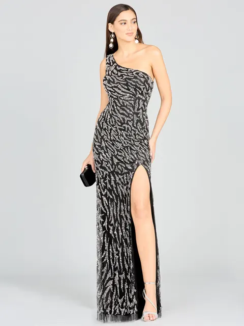 One-Shoulder Beaded Gown with High Slit