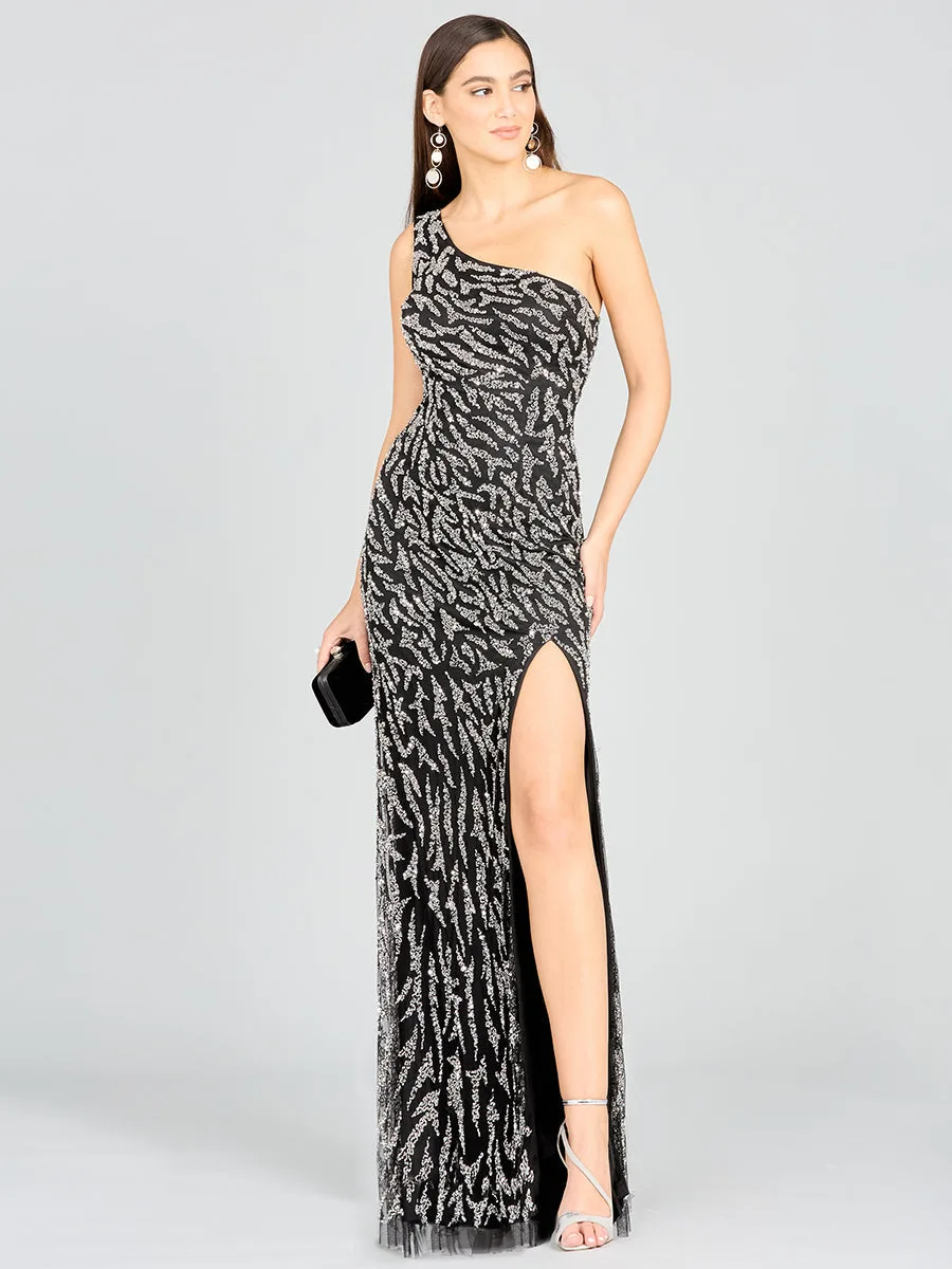 One-Shoulder Beaded Gown with High Slit by Lara New York — style 29170 in Black/Silver
