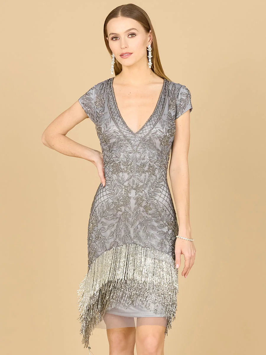 Beaded Fringe Short Cocktail Dress by Lara New York — style 29171 in Grey