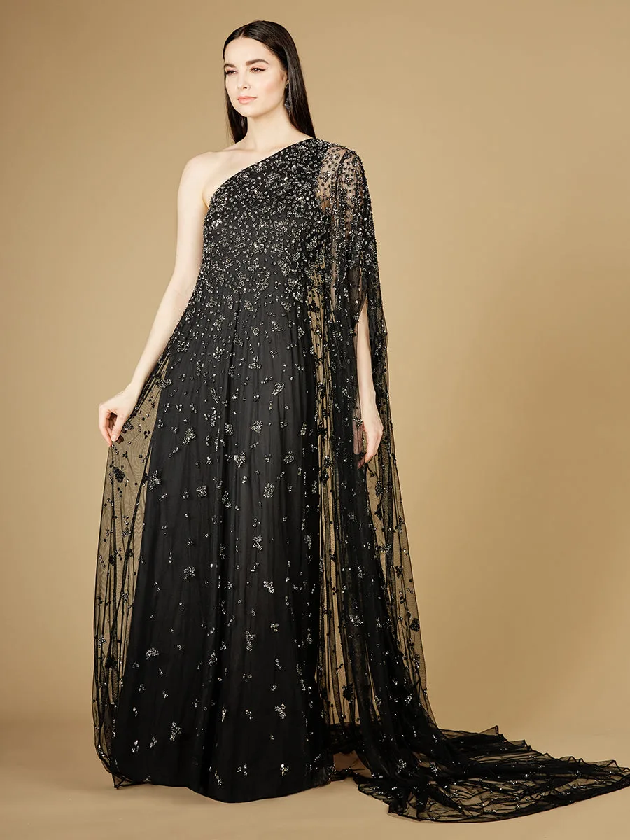 One Shoulder Cape Sleeve Gown by Lara New York — style 29172 in Black