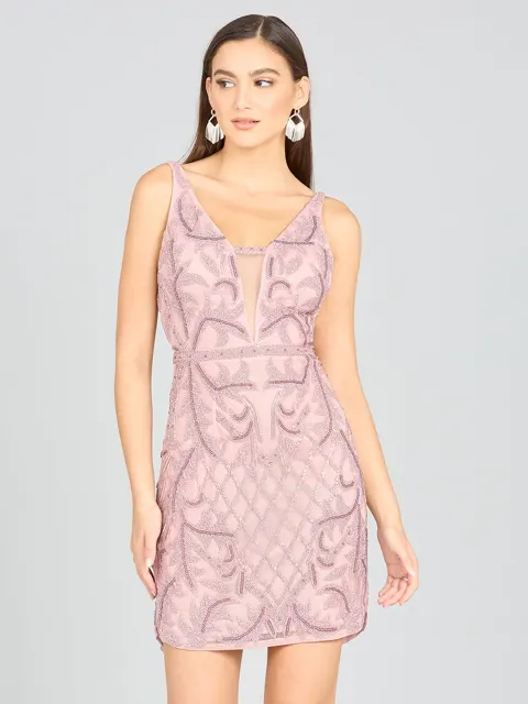 Deep V-Neck Beaded Mini Dress with Low Back