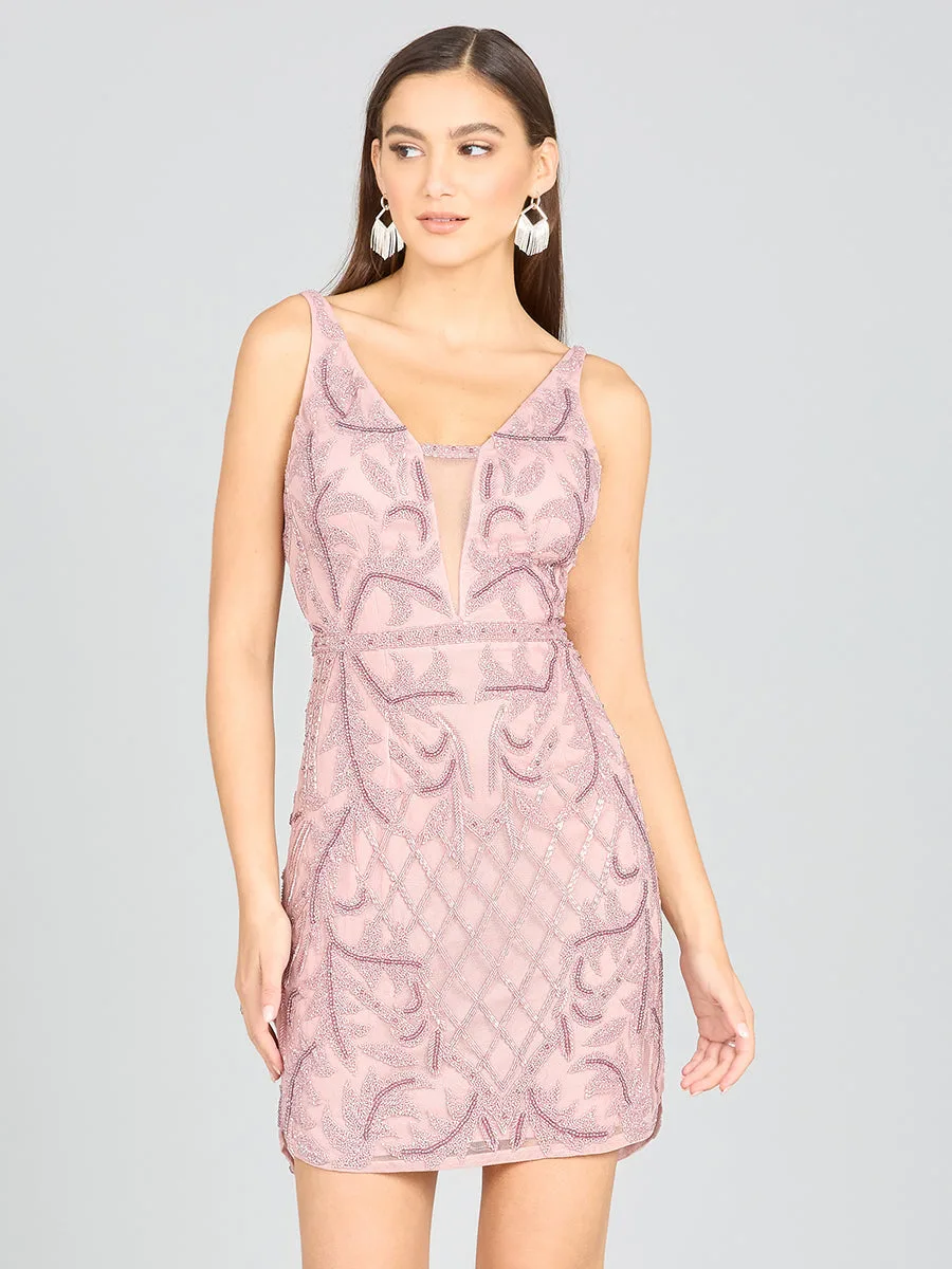 Deep V-Neck Beaded Mini Dress with Low Back by Lara New York — style 29176 in Cashmere
