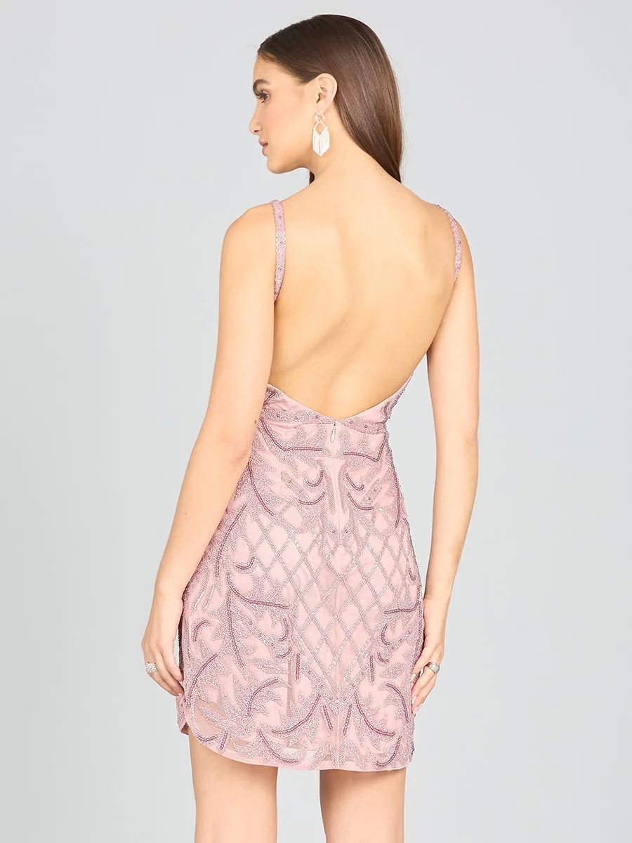 Deep V-Neck Beaded Mini Dress with Low Back by Lara New York — style 29176