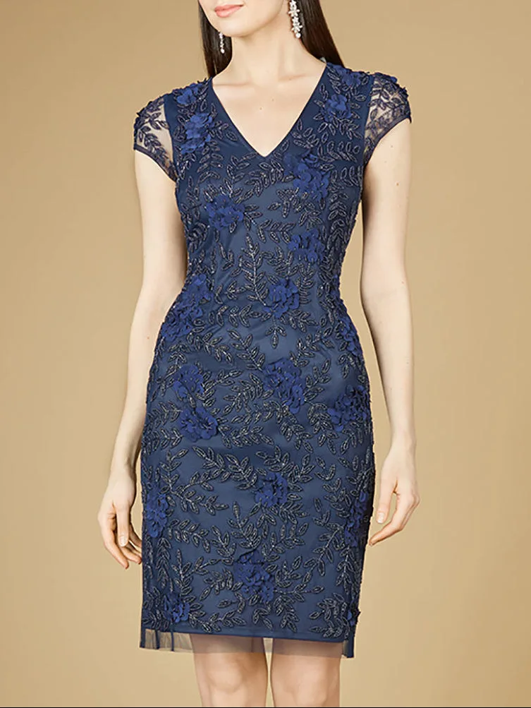 Cap Sleeve Embellished Dress by Lara New York — style 29179 in Navy