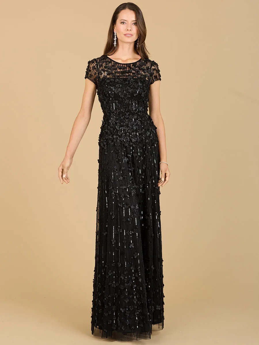 3D Floral Embellished Cap Sleeve Gown by Lara New York — style 29181 in Black