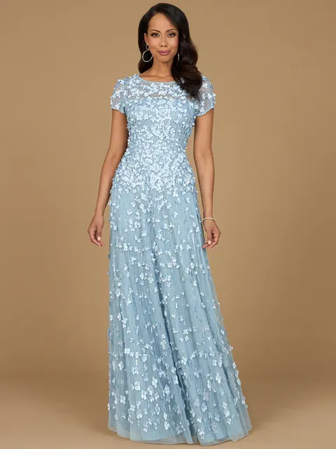 3D Floral Embellished Cap Sleeve Gown