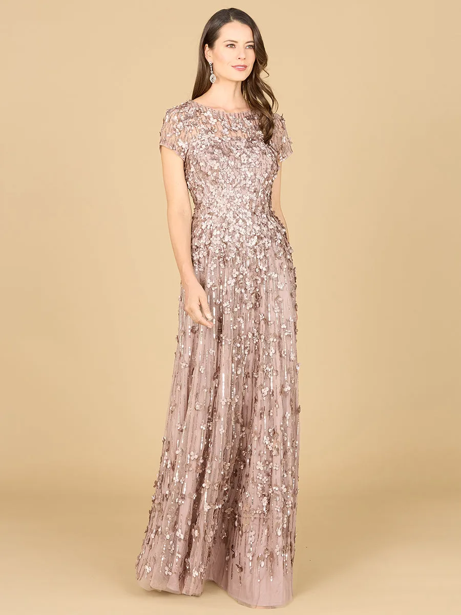 3D Floral Embellished Cap Sleeve Gown by Lara New York — style 29181 in Dark Taupe