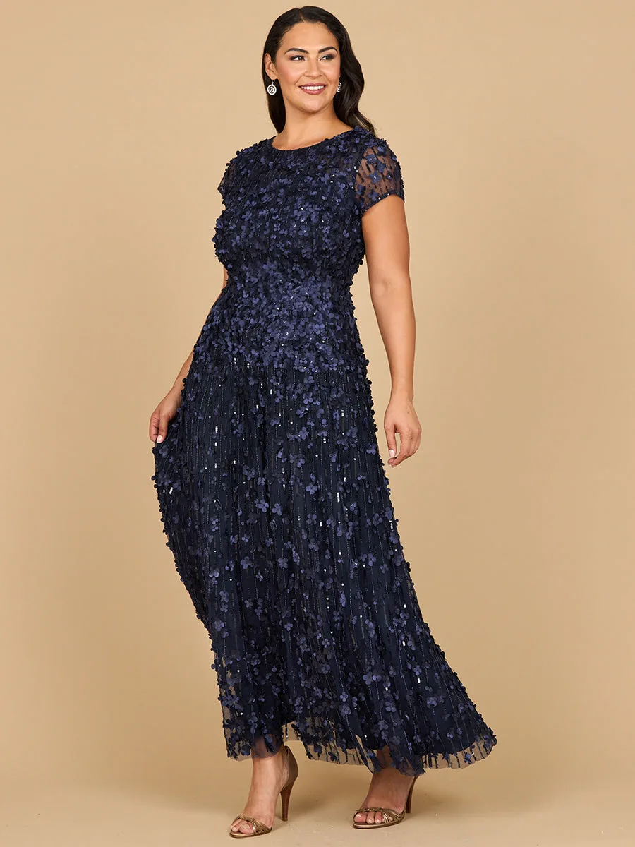 3D Floral Embellished Cap Sleeve Gown by Lara New York — style 29181 in Navy