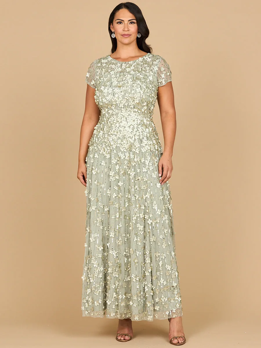 3D Floral Embellished Cap Sleeve Gown by Lara New York — style 29181 in Sage Green