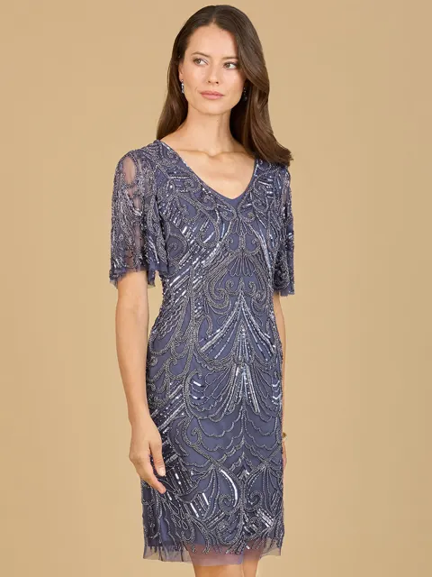 Beaded Cocktail Dress with Short Sleeves
