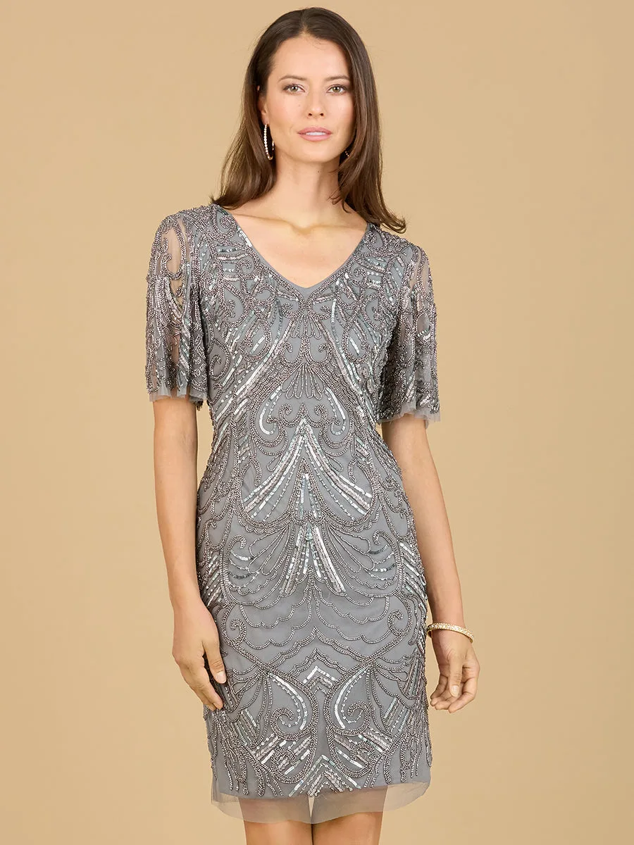 Beaded Cocktail Dress with Short Sleeves by Lara New York — style 29182 in Smoke Grey