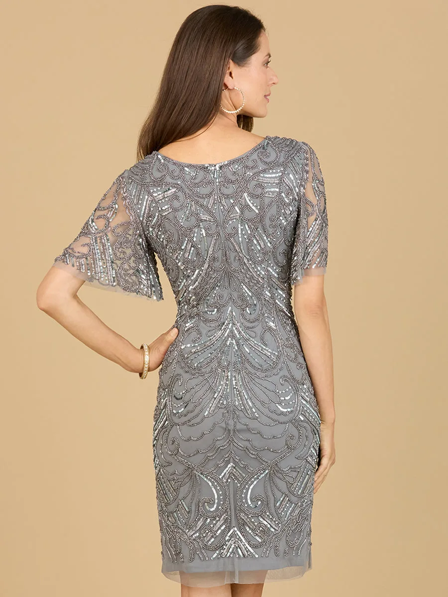Beaded Cocktail Dress with Short Sleeves by Lara New York — style 29182