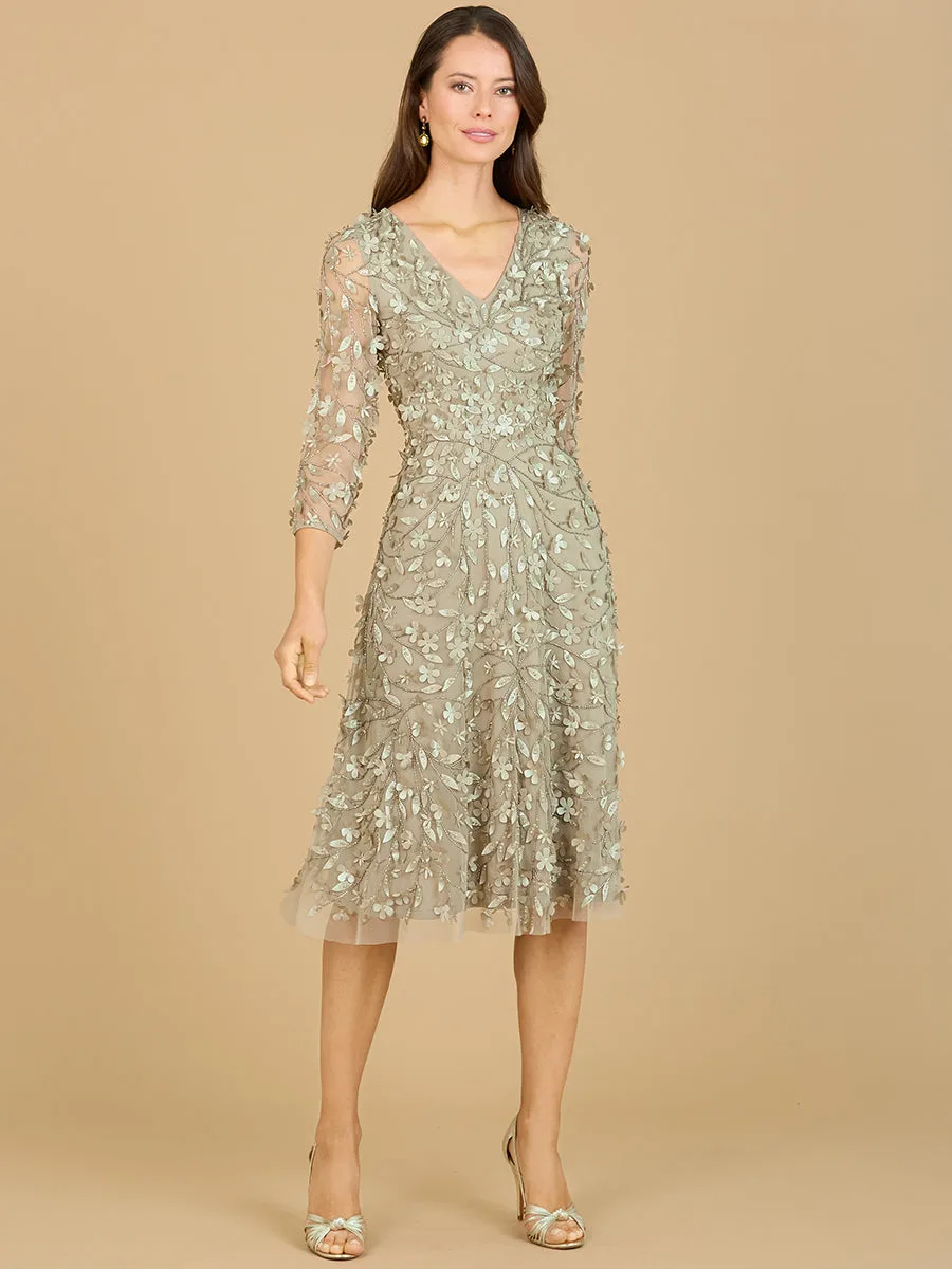 Flowing, 3D Embroidered Midi Dress with Sleeves by Lara New York — style 29184 in Olive