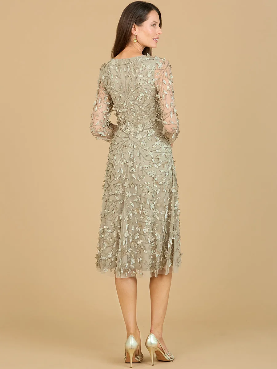 Flowing, 3D Embroidered Midi Dress with Sleeves by Lara New York — style 29184