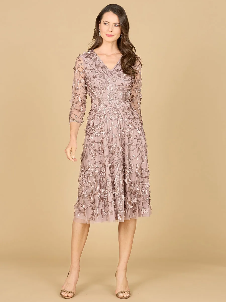 Flowing, 3D Embroidered Midi Dress with Sleeves by Lara New York — style 29184 in Dark Taupe