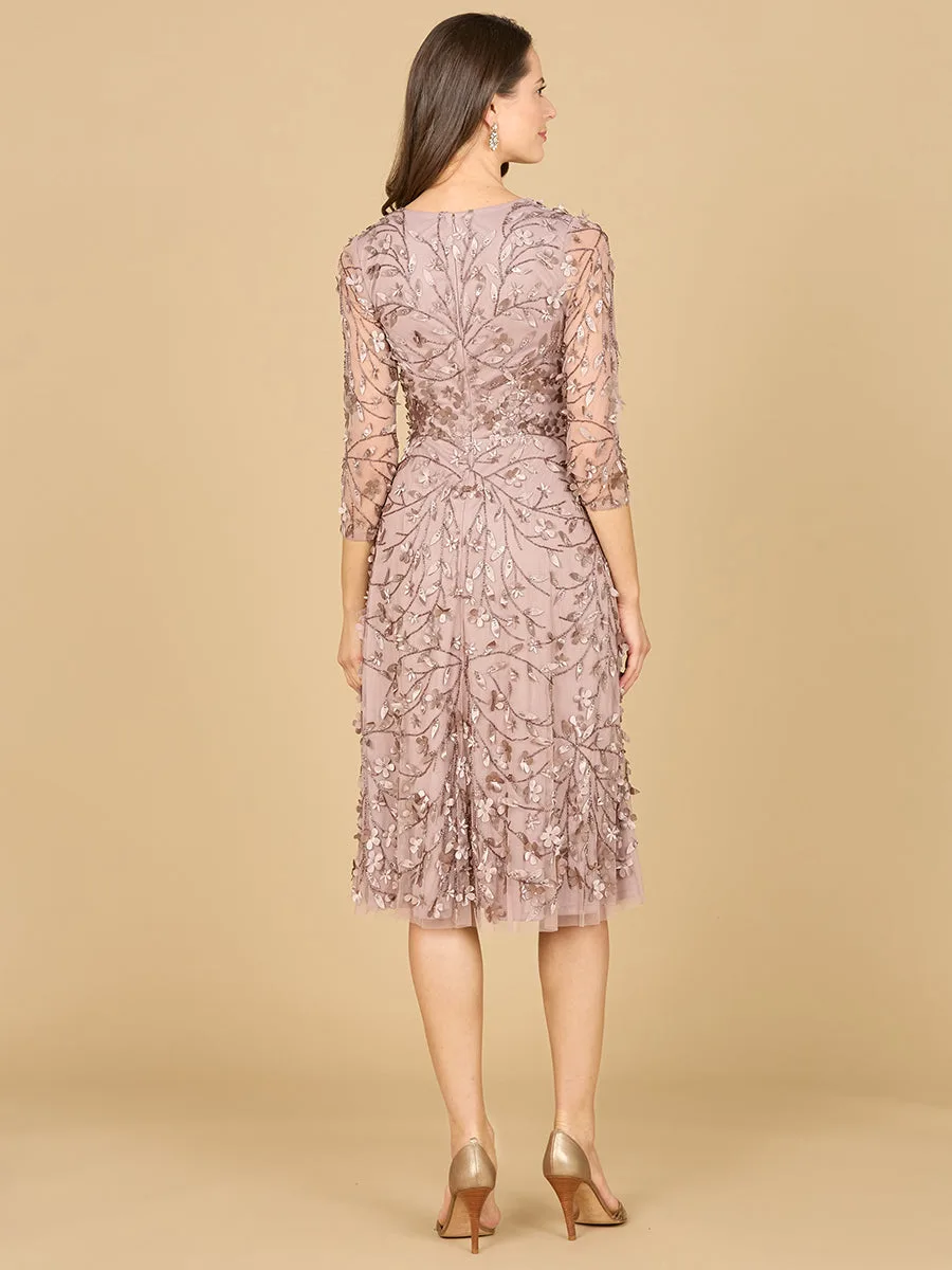 Flowing, 3D Embroidered Midi Dress with Sleeves by Lara New York — style 29184