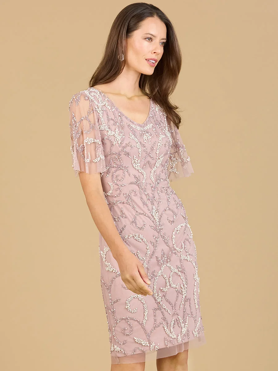 Beaded Short Dress with Cape Sleeves by Lara New York — style 29185 in Dusty Rose
