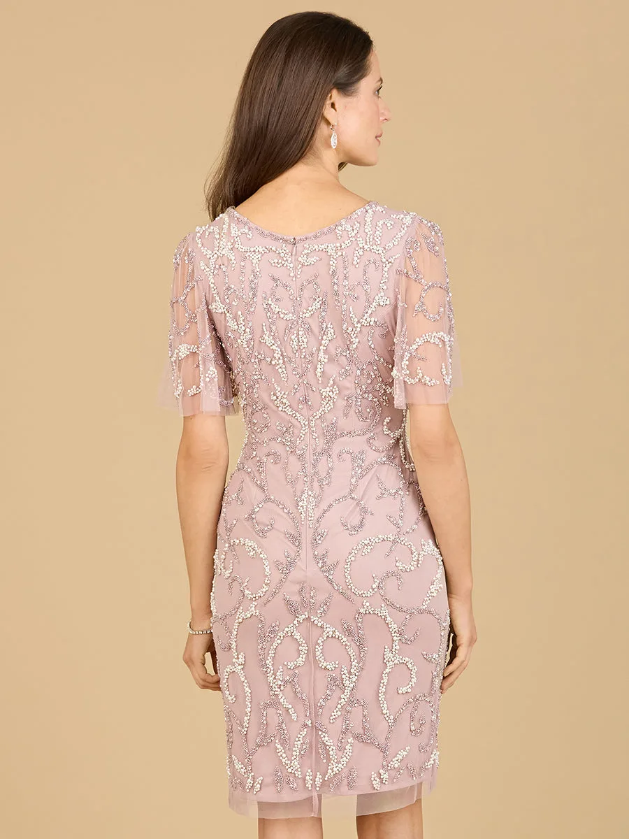Beaded Short Dress with Cape Sleeves by Lara New York — style 29185
