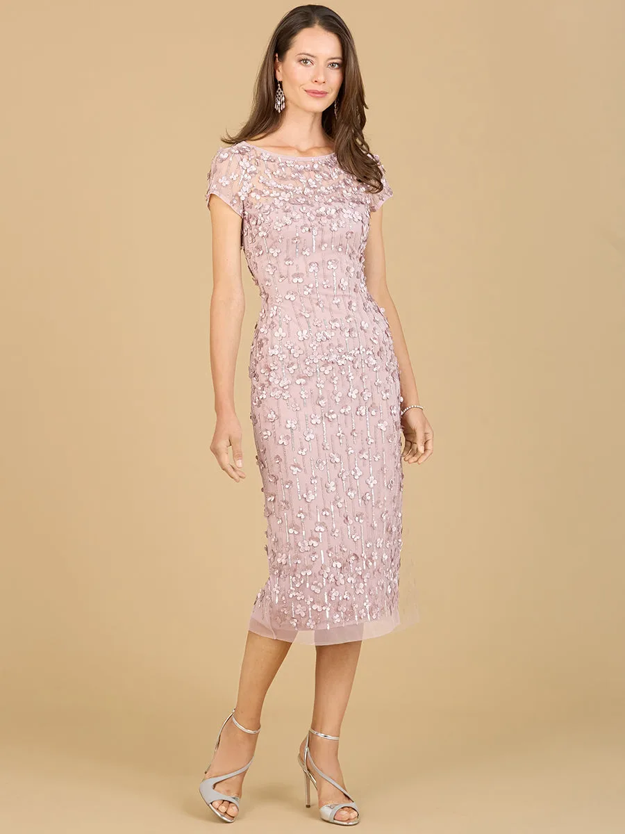 3D Applique Midi Dress with Cap Sleeves by Lara New York — style 29186 in Mauve