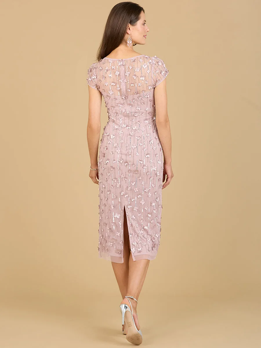 3D Applique Midi Dress with Cap Sleeves by Lara New York — style 29186