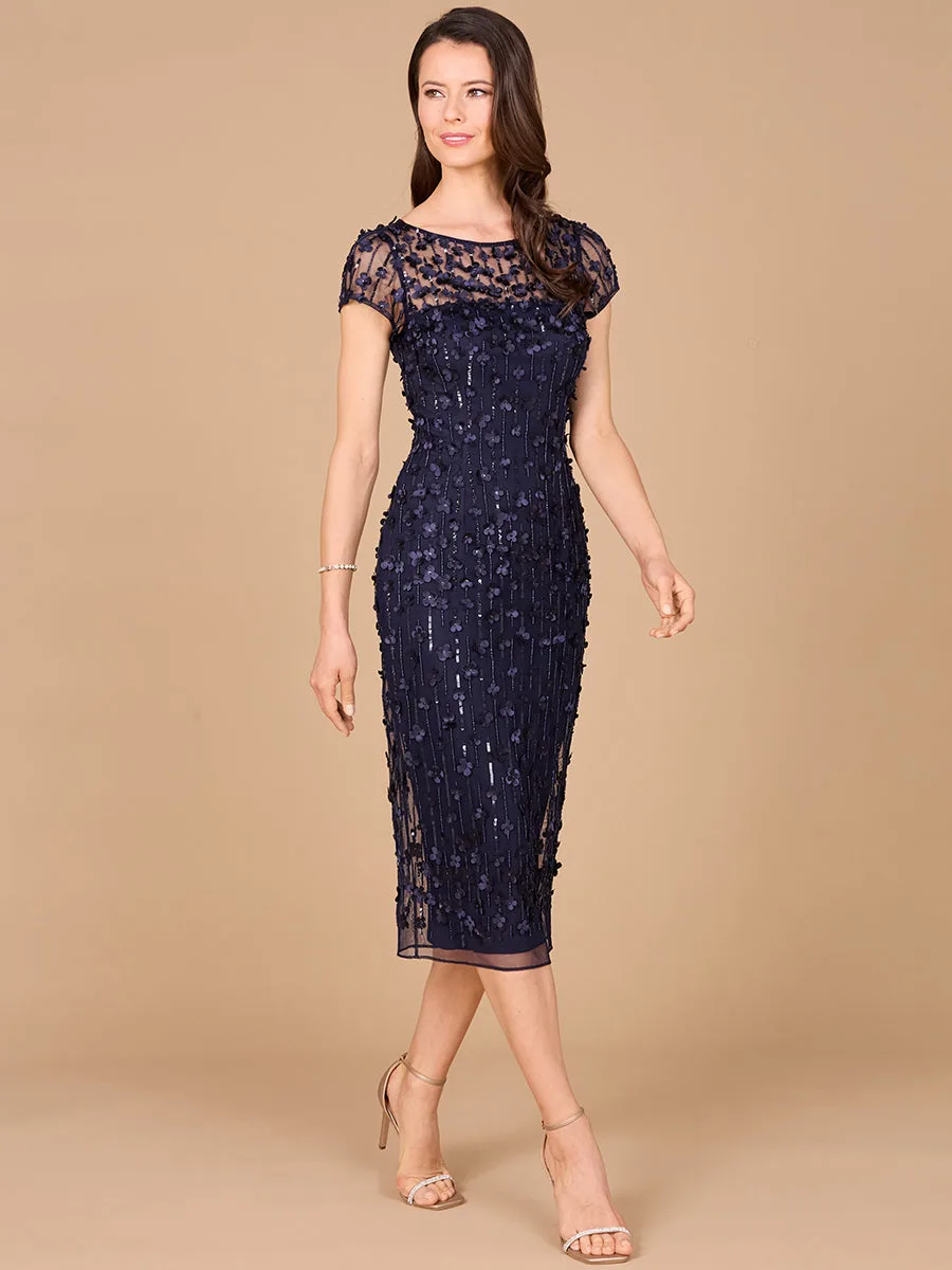 3D Applique Midi Dress with Cap Sleeves by Lara New York — style 29186 in Navy