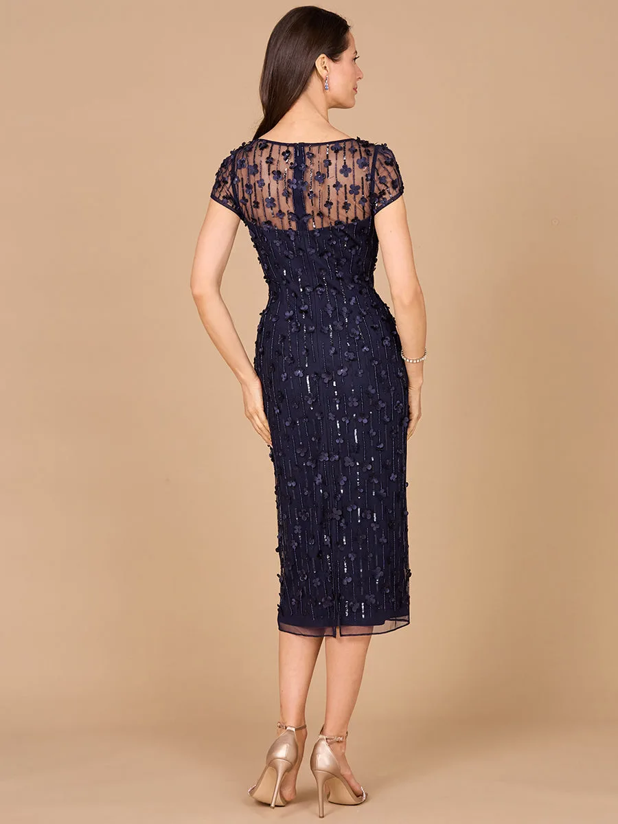 3D Applique Midi Dress with Cap Sleeves by Lara New York — style 29186