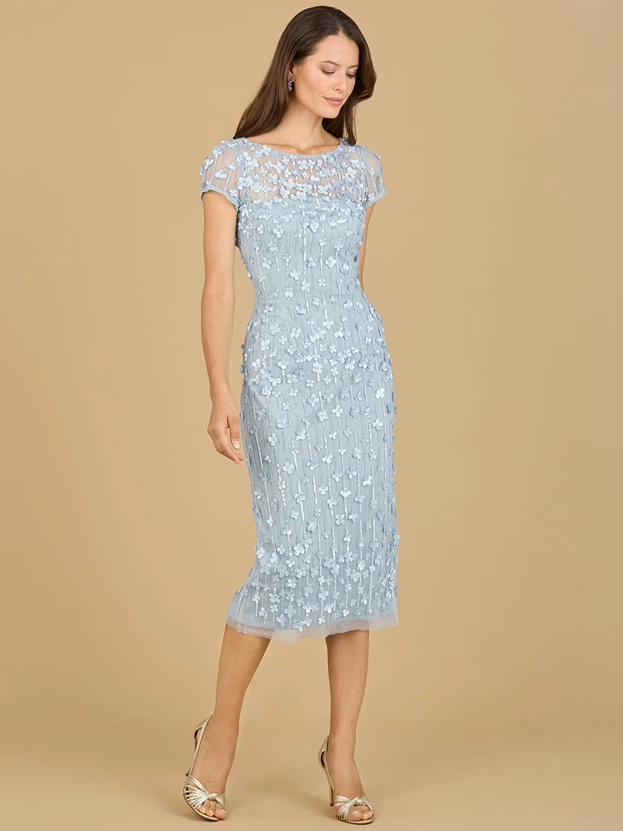 3D Applique Midi Dress with Cap Sleeves by Lara New York — style 29186 in Periwinkle