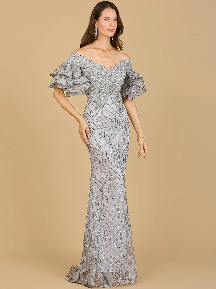 Off Shoulder Mermaid Beaded Gown with Tiered Sleeves by Lara New York — style 29190 in Grey