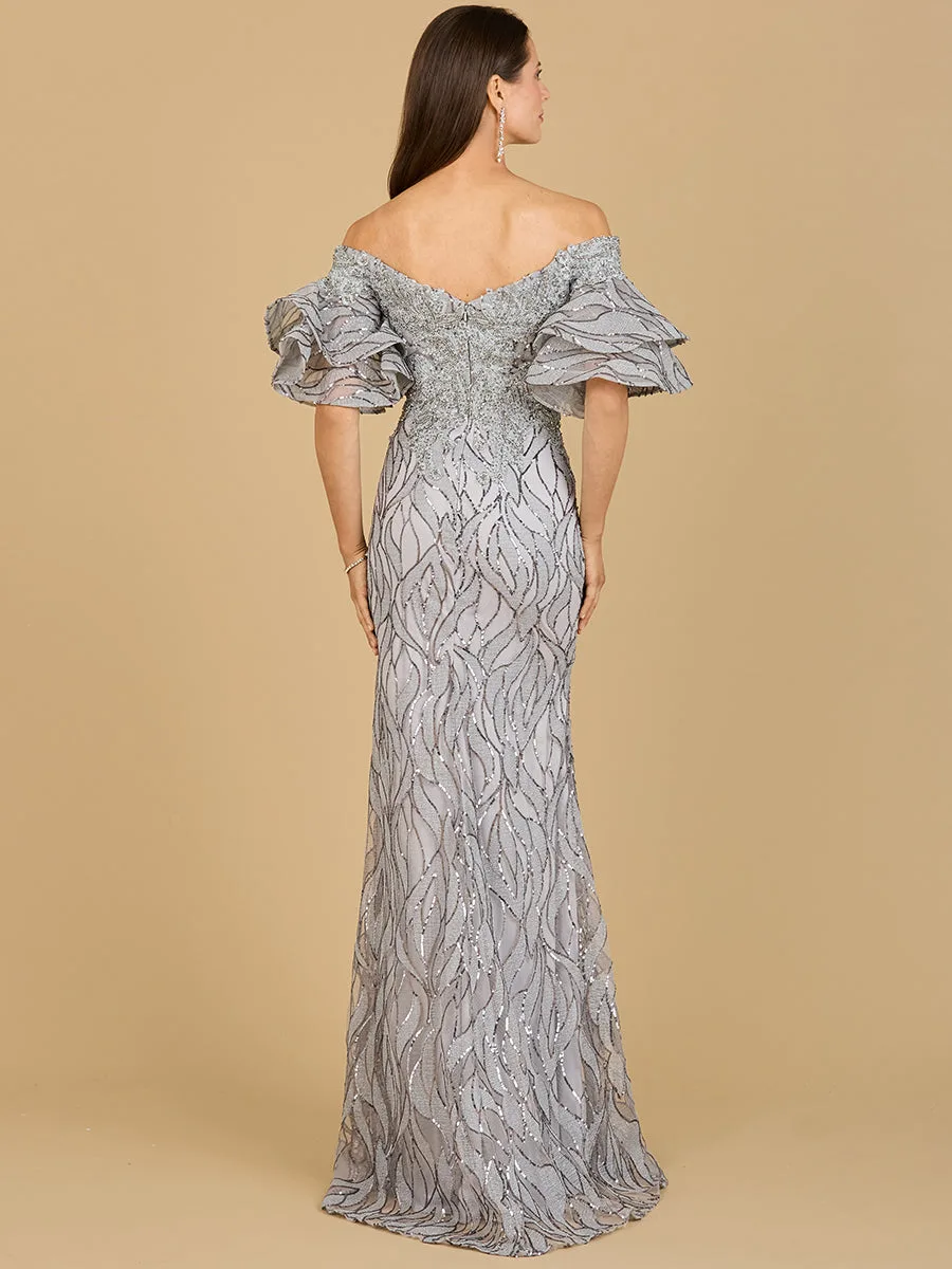 Off Shoulder Mermaid Beaded Gown with Tiered Sleeves by Lara New York — style 29190
