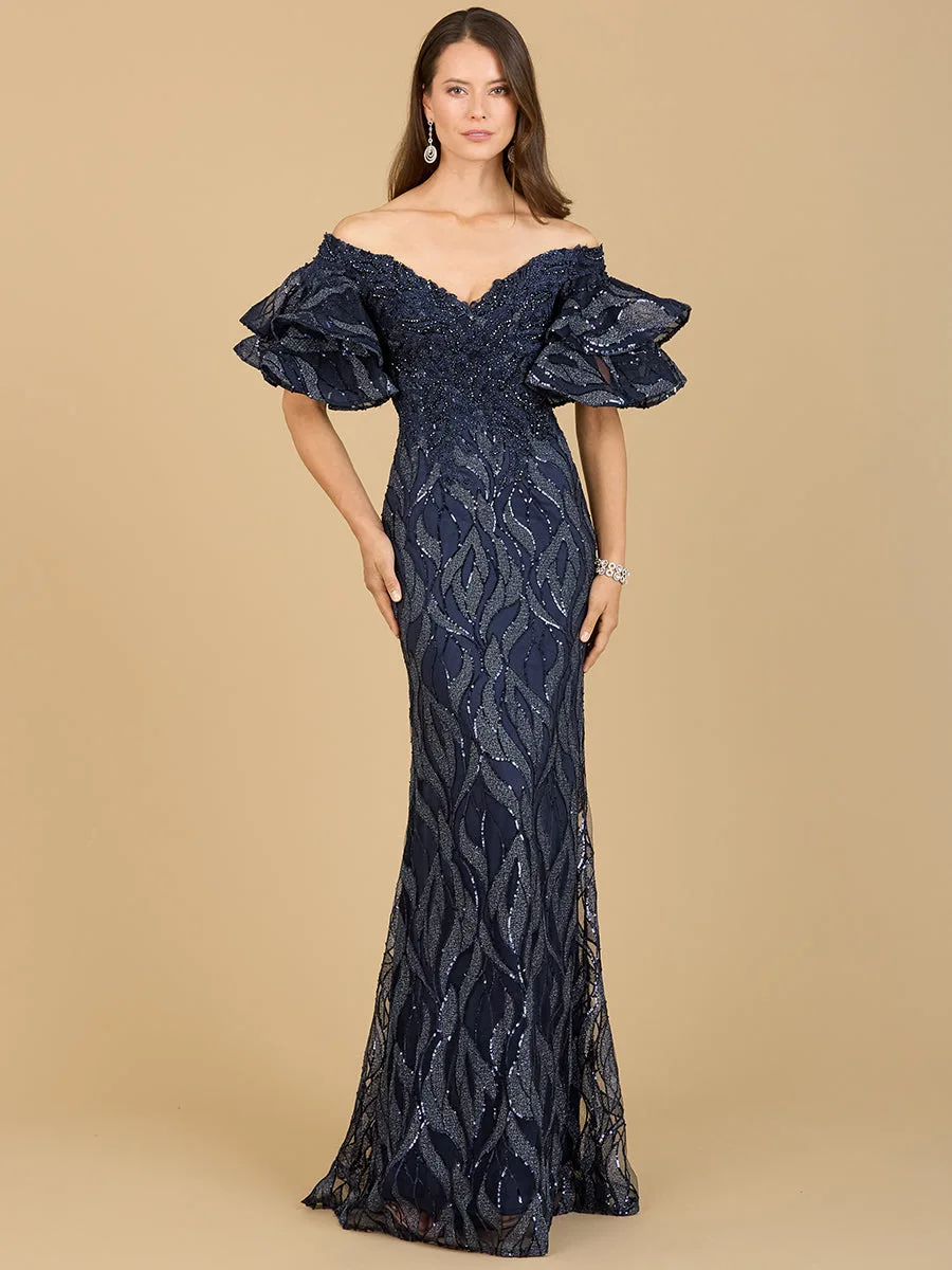 Off Shoulder Mermaid Beaded Gown with Tiered Sleeves by Lara New York — style 29190 in Navy