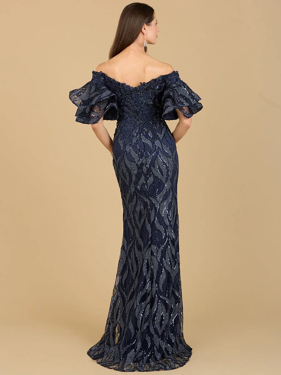 Off Shoulder Mermaid Beaded Gown with Tiered Sleeves by Lara New York — style 29190