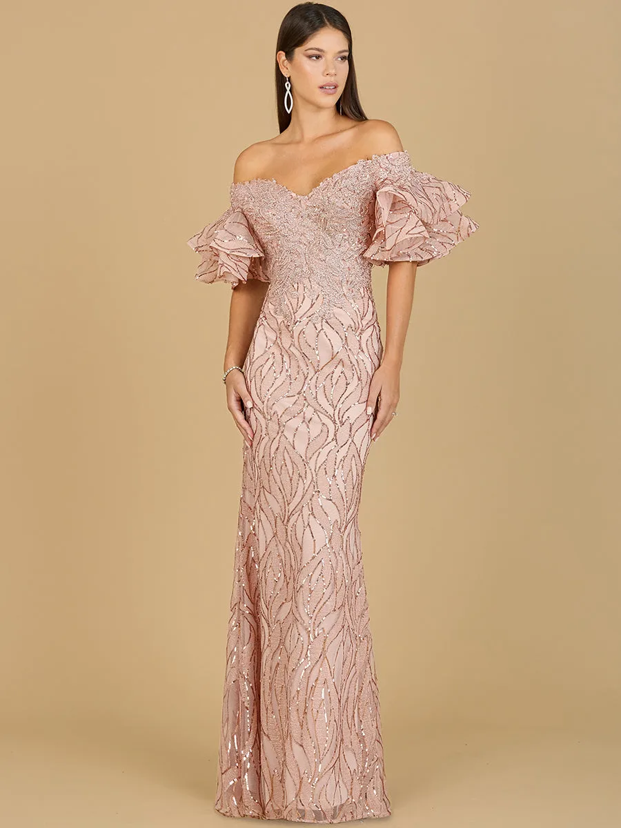 Off Shoulder Mermaid Beaded Gown with Tiered Sleeves by Lara New York — style 29190 in Rose gold