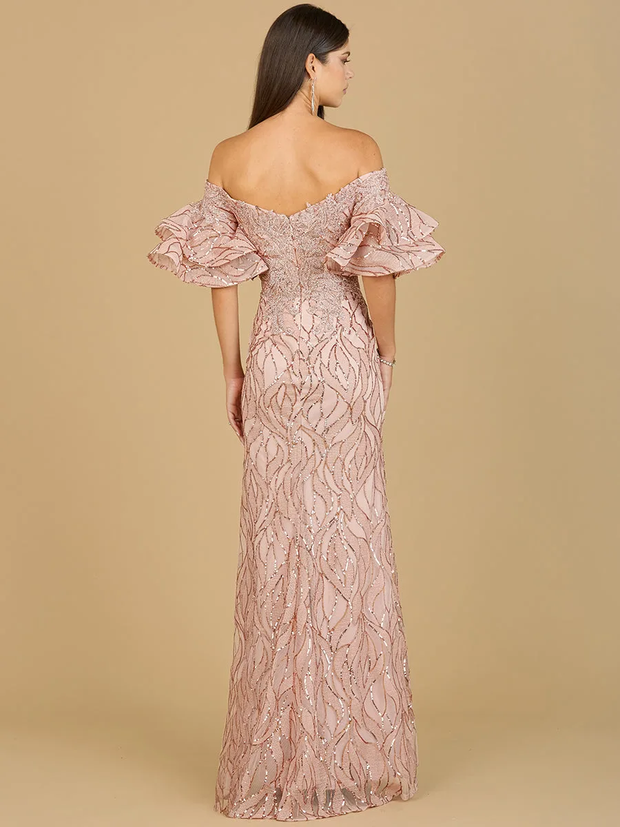 Off Shoulder Mermaid Beaded Gown with Tiered Sleeves by Lara New York — style 29190