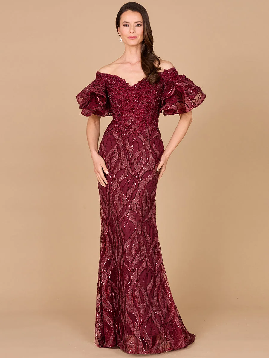 Off Shoulder Mermaid Beaded Gown with Tiered Sleeves by Lara New York — style 29190 in Wine