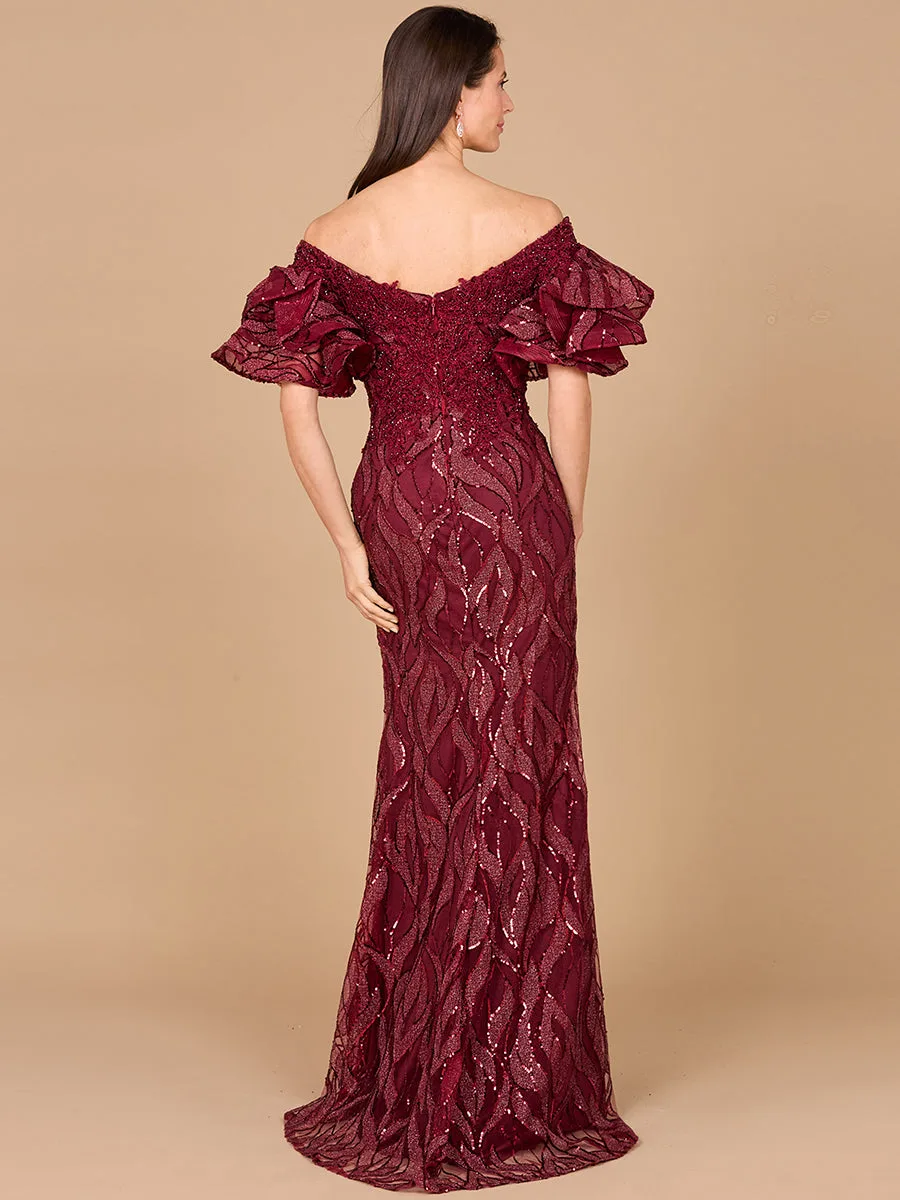 Off Shoulder Mermaid Beaded Gown with Tiered Sleeves by Lara New York — style 29190