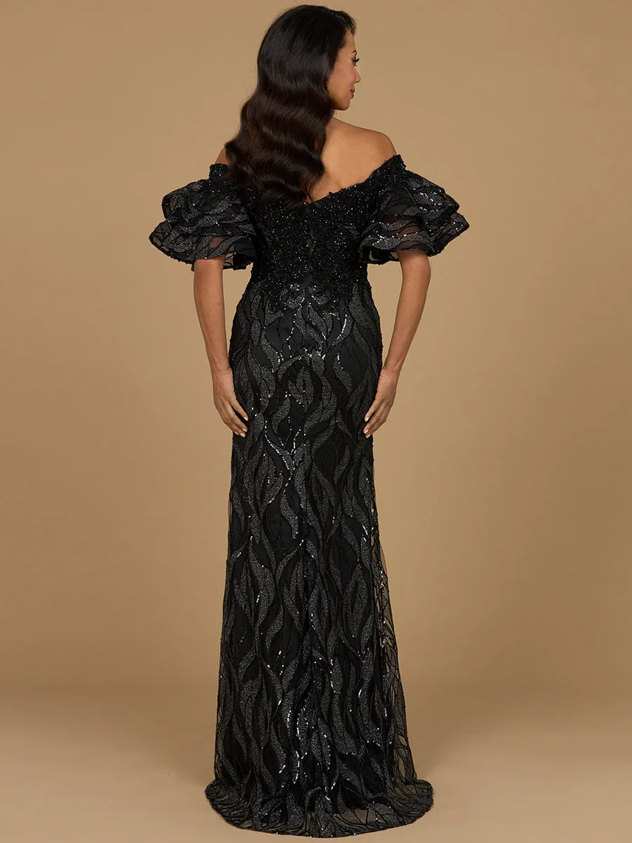 Off Shoulder Mermaid Beaded Gown with Tiered Sleeves by Lara New York — style 29190