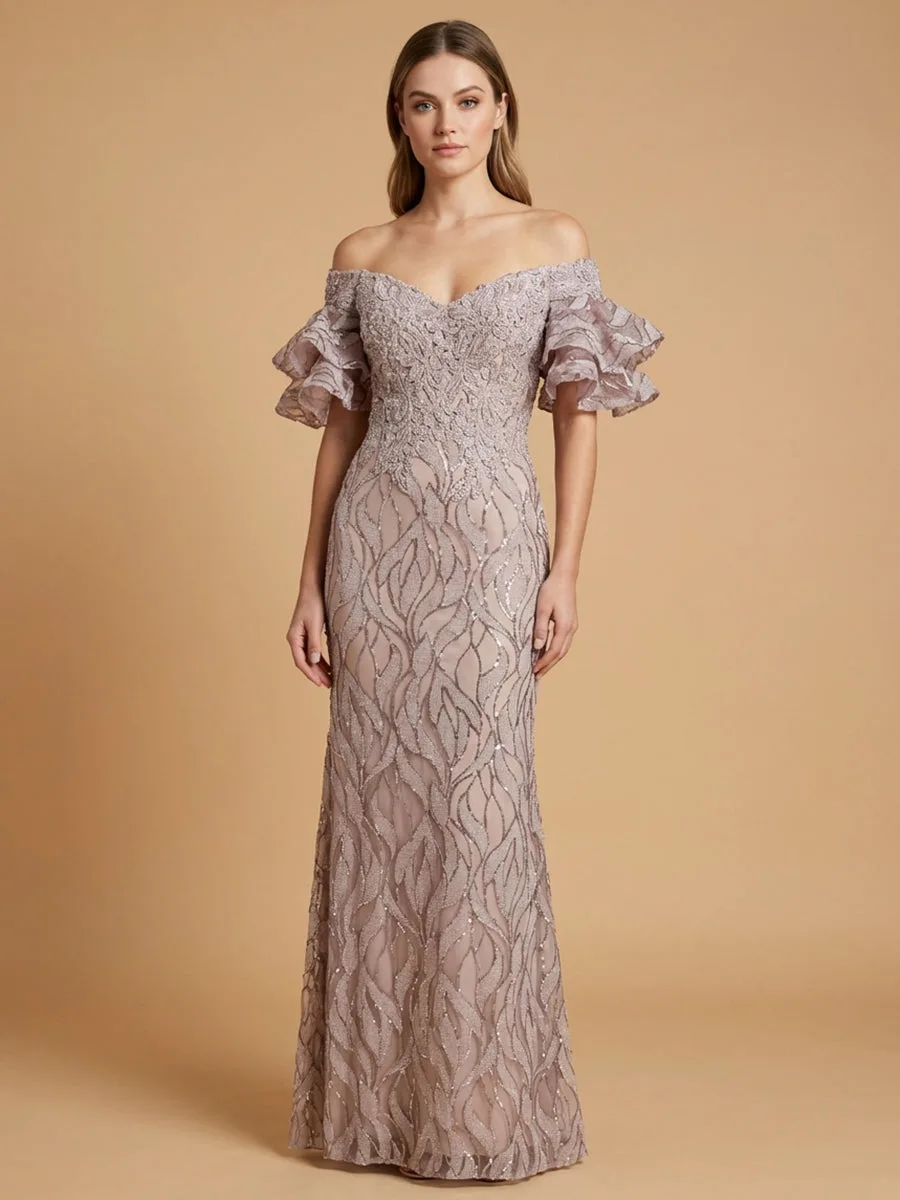 Off Shoulder Mermaid Beaded Gown with Tiered Sleeves by Lara New York — style 29190 in Dusty Purple