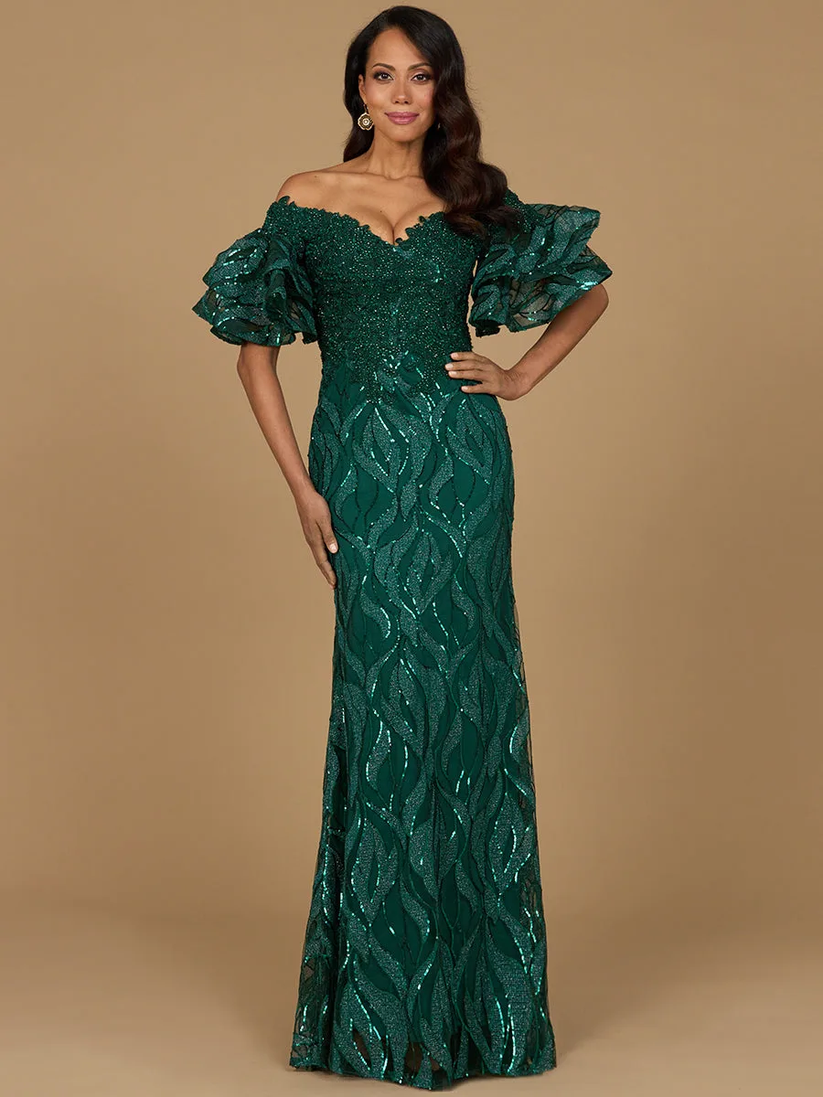 Off Shoulder Mermaid Beaded Gown with Tiered Sleeves by Lara New York — style 29190 in Green